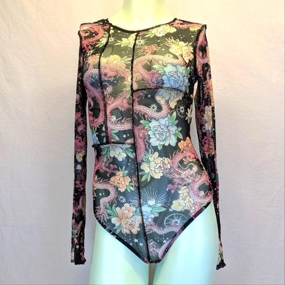 Rue21 Black Sheer Long Sleeve Dragon Print Mesh One-Piece Bodysuit (1-xs & 1-s) - Picture 2 of 13